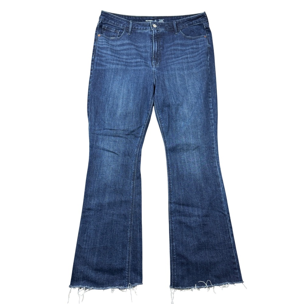 Old Navy Extra High Rise Flare Jeans Dark Wash Raw Hem Women 16 Tall Denim